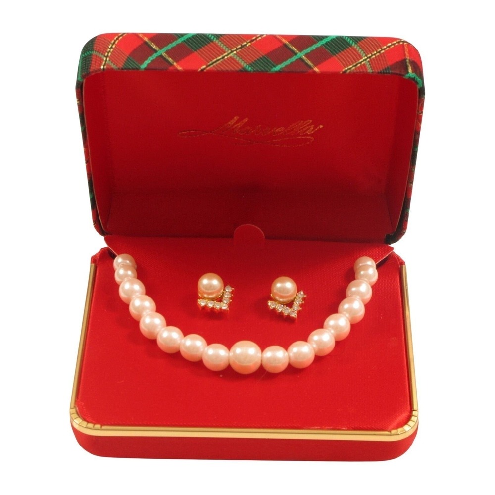 SIGNED MARVELLA VINTAGE FAUX PEARL NECKLACE RHINESTONE EARRING SET*BOXED